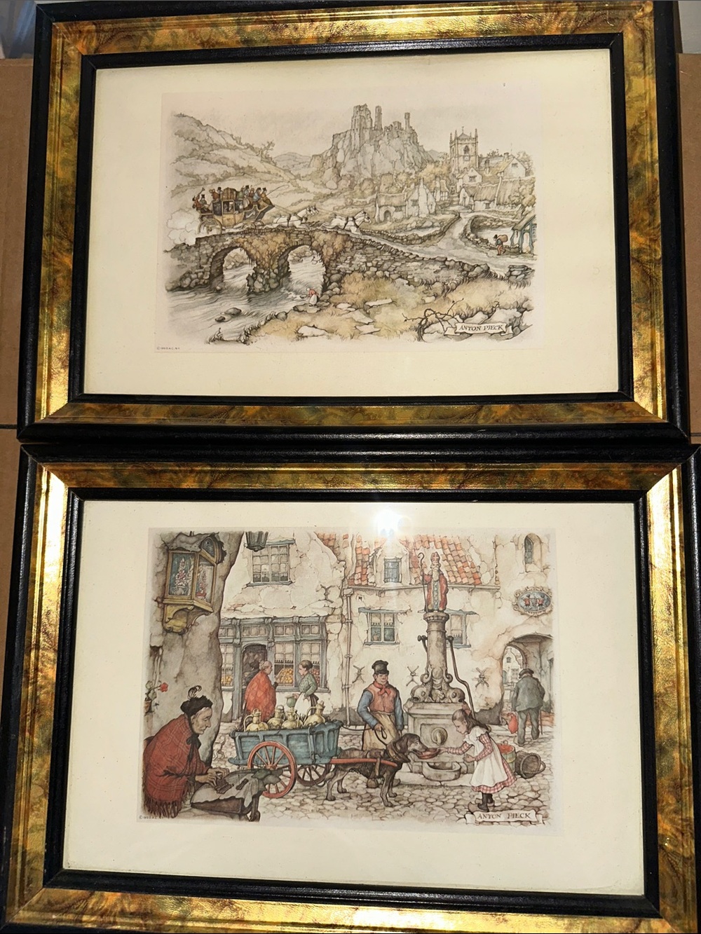 Vintage-Style Framed Village Prints With Oriental Flare in Gold and Black Frames